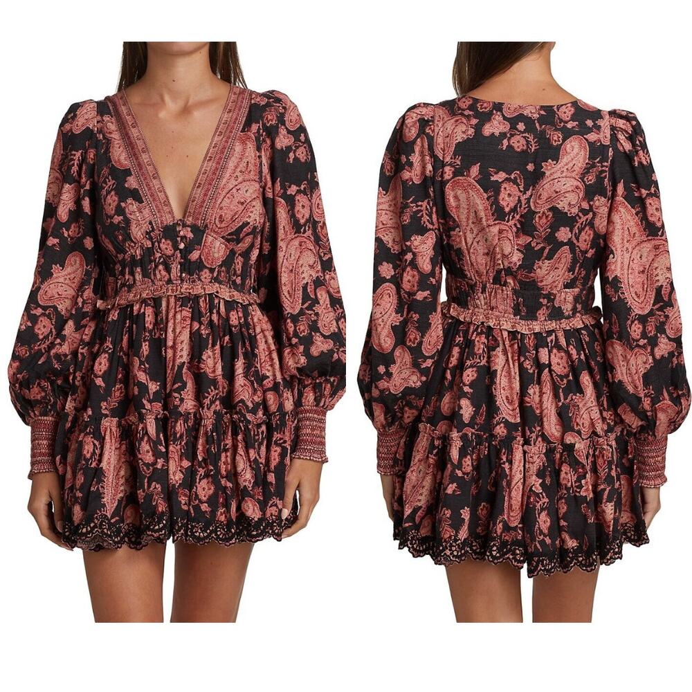 HEMANT & NANDITA Luana Paisley Mini Dress Ruched Tiered Boho Coastal Party S